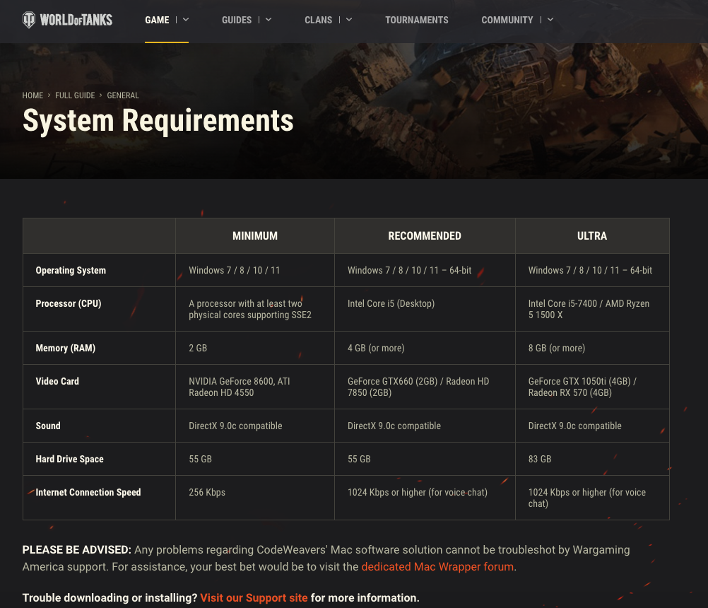 wot recommended system requirements for PC