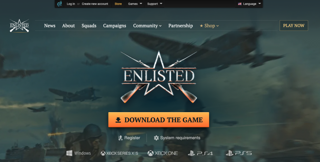 enlisted console game website homepage